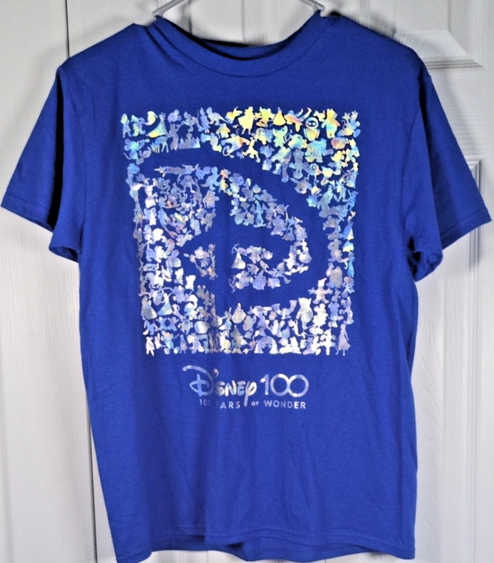 Disney 100 Years Of Wonder T Shirt Kids Large Blue Silver Disney Characters Tee